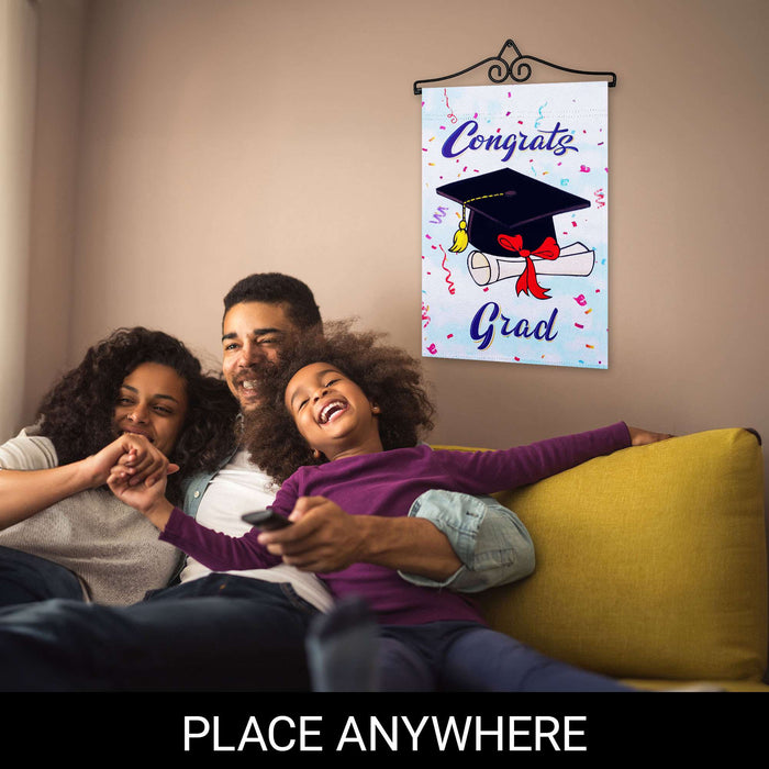 G128 Combo Pack Garden Flag Hanger 14IN & Garden Flag Happy Graduation Congrats Cap Printed 12x18IN Double Sided