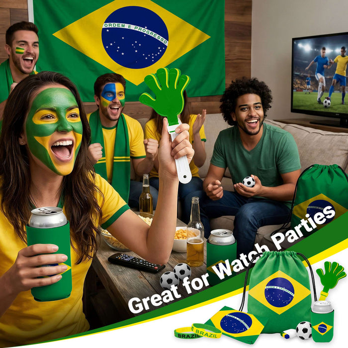 G128 World Soccer Tournament 2026 Cup Soccer Fan Set 6PCS, Brazil Fan Merch with Flag and Bracelet, Accessories for Sports Parties