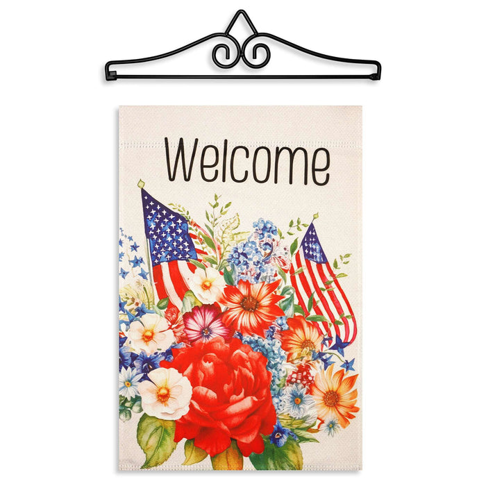 G128 Combo Pack Garden Flag Hanger 14IN & Garden Flag Welcome  Flowers Printed 12x18IN Double Sided Yard Garden Lawn Decoration