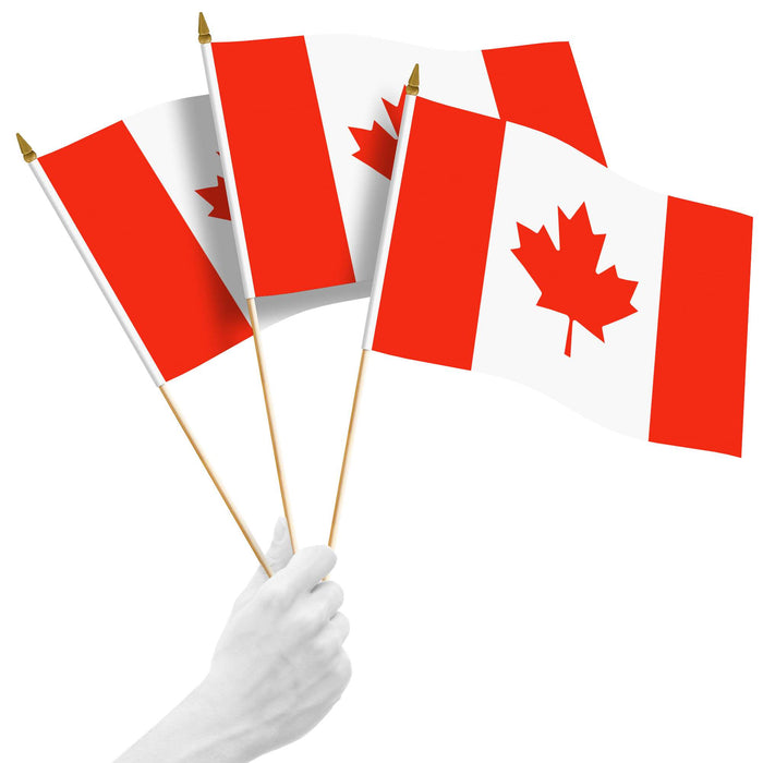 G128 10 Pack Handheld Canada Canadian Stick Flags | 12x18 In | Printed 150D Polyester, Country Flag, Solid Plastic Stick, Spear White Tip