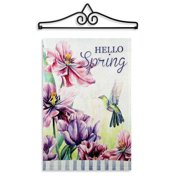 G128 Combo Pack Garden Flag Hanger 14IN & Garden Flag Hello Spring Hummingbird Flowers Printed 12x18IN Double Sided