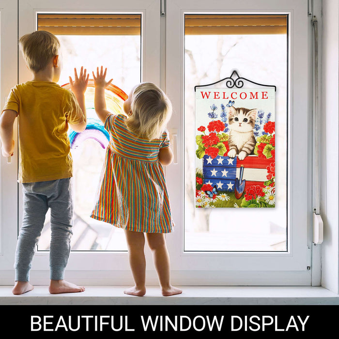 G128 Combo Pack Garden Flag Hanger 14IN & Garden Flag Welcome Kitten Patriotic Printed 12x18IN Double Sided