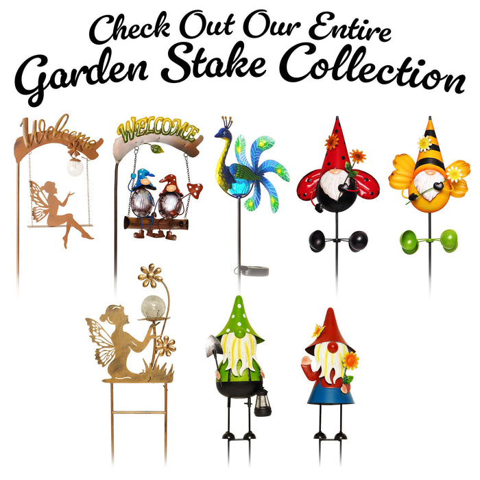 G128 Solar Gnome Garden Statues Set of 2 | 18IN Metal Gnome Outdoor Decorations with LED Lights for Garden, Lawn, Patio