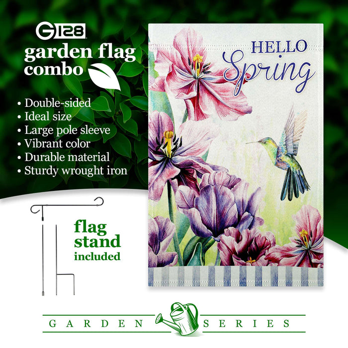 G128 Combo Pack: Garden Flag Stand 36x16IN & Garden Flag Hello Spring Hummingbird Flowers Printed 12x18IN Double Sided