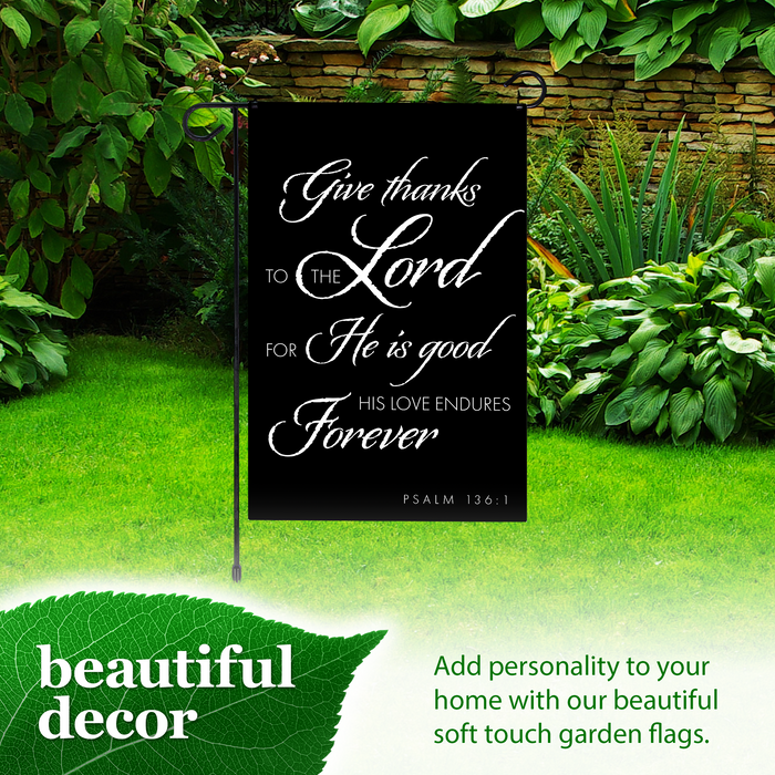 G128 Combo Pack: Garden Flag Stand Black 36x16IN & Garden Flag Give Thanks to the Lord Scripture Printed 12x18IN Double Sided Yard Lawn Decoration