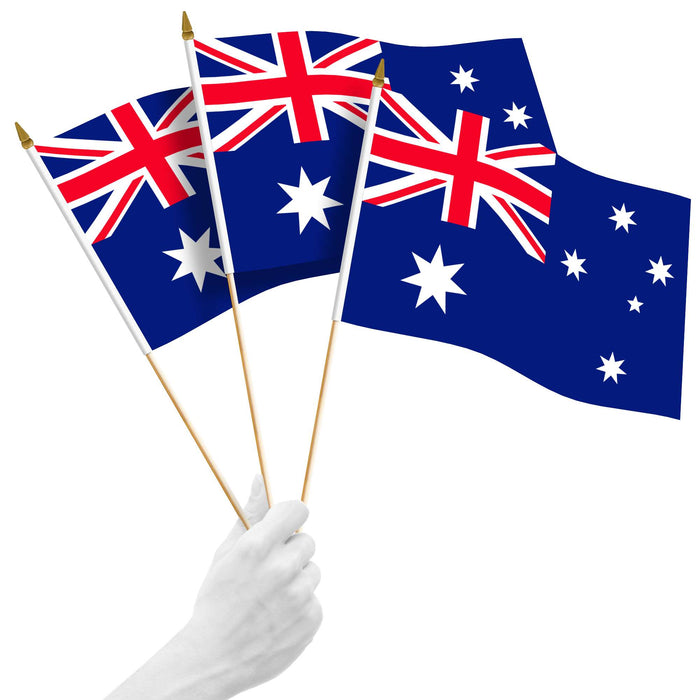 G128 10 Pack Handheld Australia Australian Stick Flags | 12x18 In | Printed 150D Polyester, Country Flag, Solid Plastic Stick, Spear White Tip