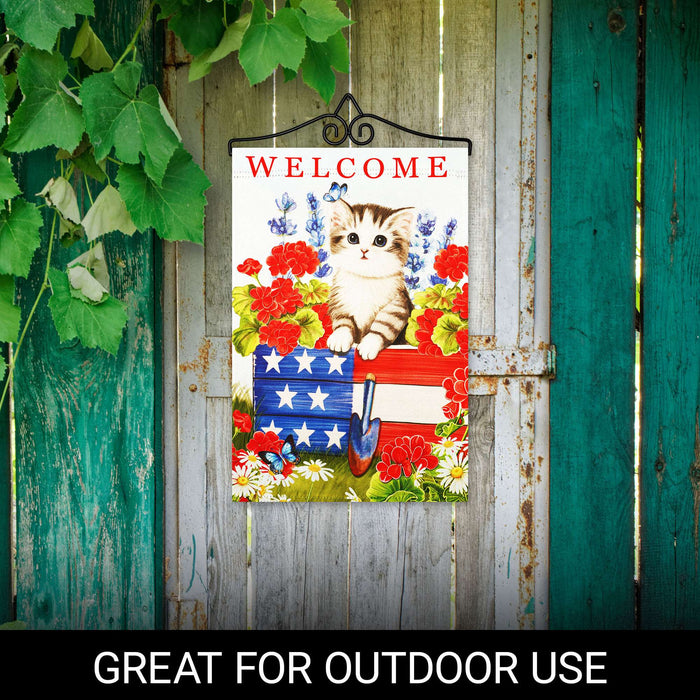 G128 Combo Pack Garden Flag Hanger 14IN & Garden Flag Welcome Kitten Patriotic Printed 12x18IN Double Sided