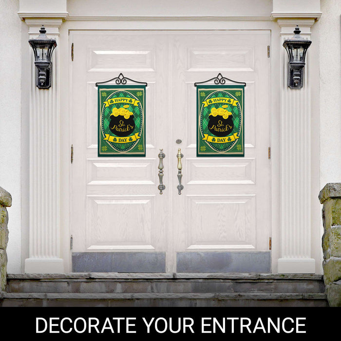 G128 Combo Pack Garden Flag Hanger 14IN & Garden Flag Happy St. Patrick's Day Pot Gold Printed 12x18IN Double Sided