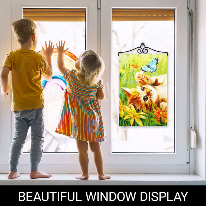 G128 Combo Pack Garden Flag Hanger 14IN & Garden Flag Kitten Butterfly Flowers Printed 12x18IN Double Sided