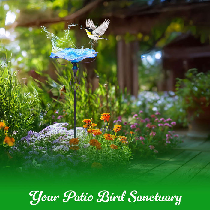 G128 32 Inch Height Glass Bird Baths with Metal Stake | Decorative Blue Outdoor Garden Bird Feeder