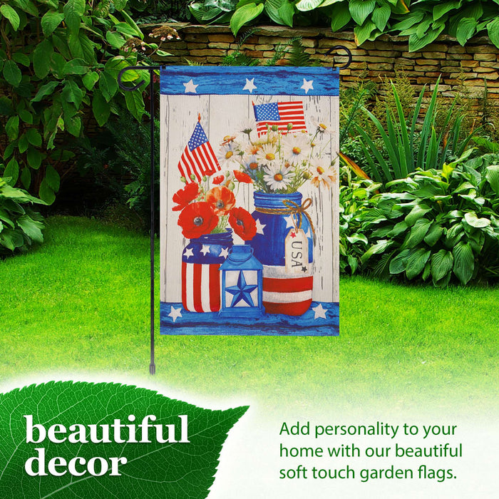 G128 Combo Pack Garden Flag Stand Black 36x16IN & Garden Flag Rustic Mason Jar Patriotic Flowers Printed 12x18IN Double Sided Yard Garden Lawn Decoration