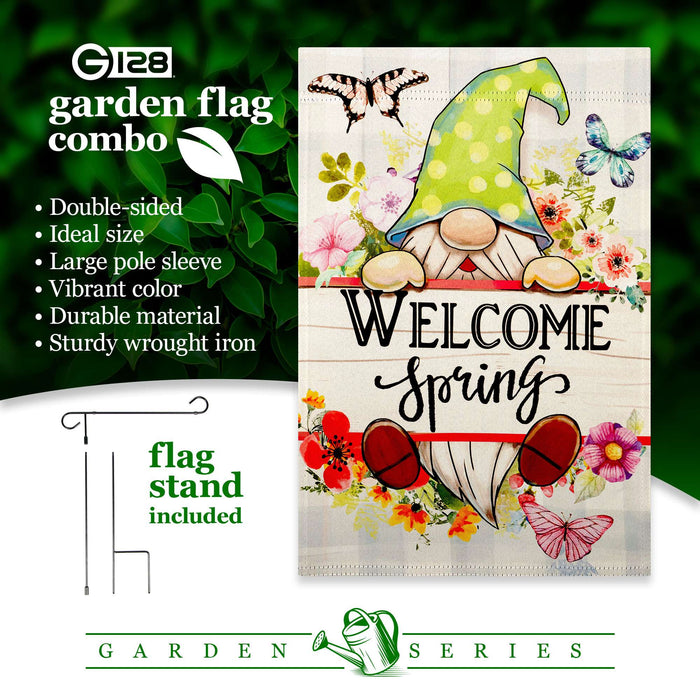 G128 Combo Pack: Garden Flag Stand 36x16IN & Garden Flag Welcome Spring Gnome Flowers Printed 12x18IN Double Sided