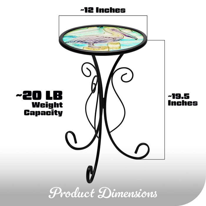 G128 12 in Round Glass Outdoor Side Table Pelican Pattern | Decorative Plant Stand, Small End Table for Garden Patio Porch Living Room
