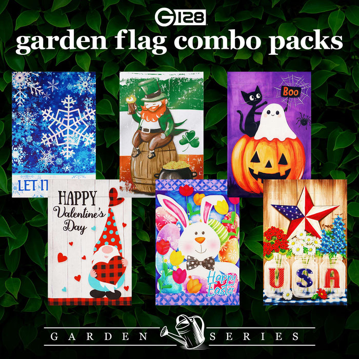 G128 set of 6 leprechaun and halloween cat garden flags, 12x18 inch