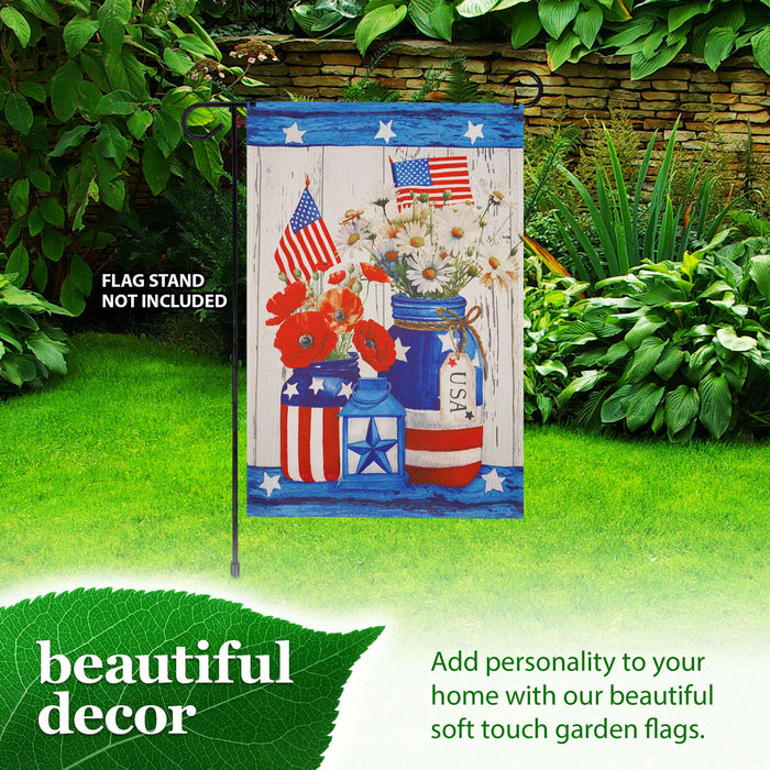 G128 Rustic Mason Jar Patriotic Flowers Garden Flag 12x18 In Double Sided Independence Day Yard Garden Lawn Decoration