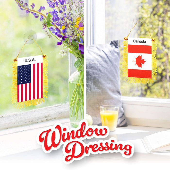 G128 Combo Pack: American USA & Canada Canadian Fringy Flag Double Sided 3x5 In | Both Fringy Hanging Flag with Suction Cup