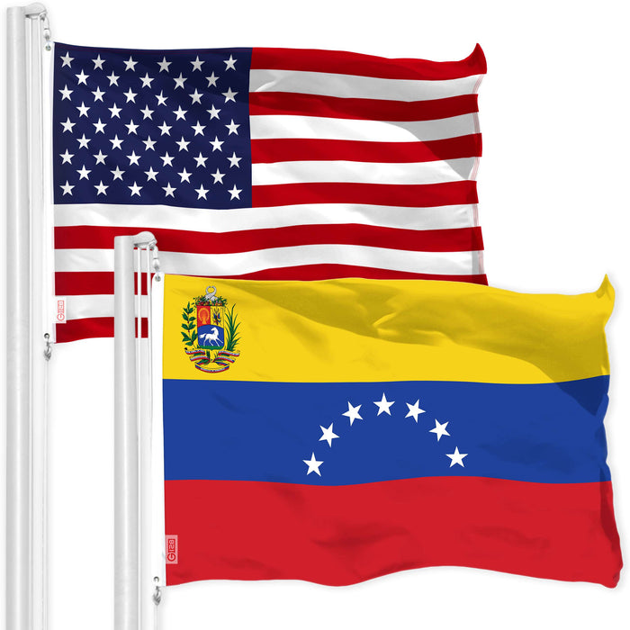 G128 Combo Pack: American USA Flag 3x5 Ft & Venezuela 7 Stars Flag 3x5 Ft | Both LiteWeave Pro Series Printed 150D Polyester, Brass Grommets