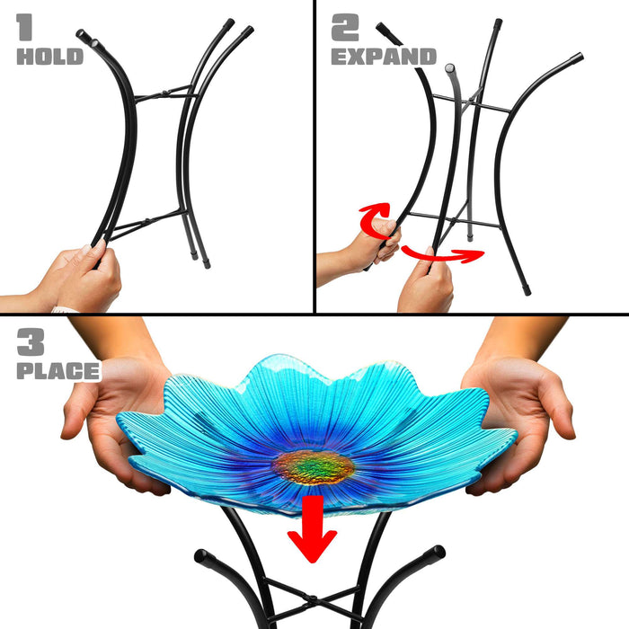 G128 19 Inch Height Glass Bird Baths with Metal Stand | Decorative Blue BirdBaths Bowl Outdoor Garden Bird Feeder