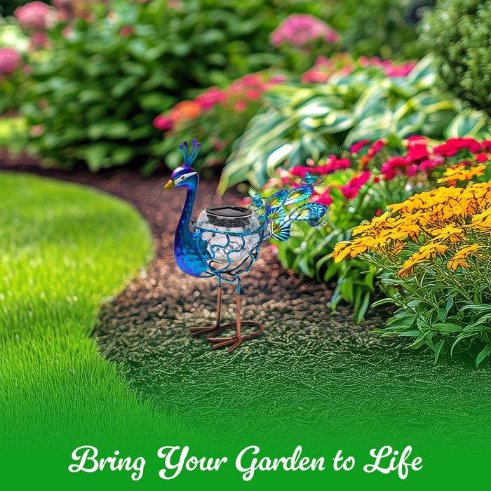 G128 Solar Metal Peacock Garden Statue | 12 Inch Waterproof Peacock Yard Art with Solar-Powered Light for Lawn, Patio, and Backyard