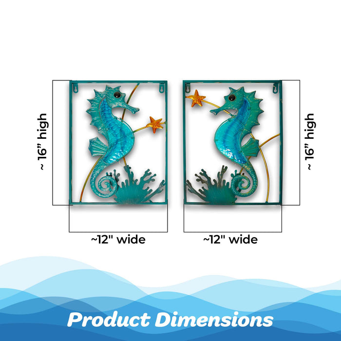 G128 Seahorse Metal Wall Art Set | Ocean Beach Themed Framed Home Wall Decor with LED Lights | Battery NOT Included