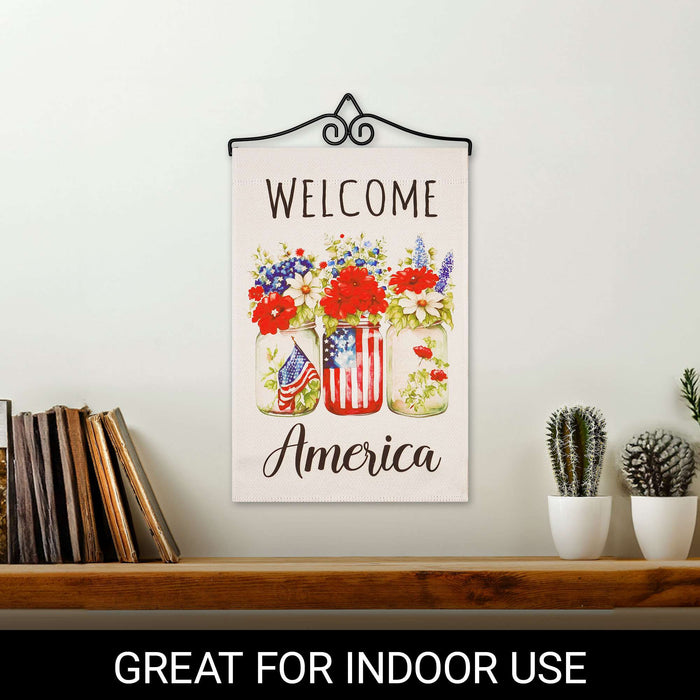 G128 Combo Pack Garden Flag Hanger 14IN & Garden Flag Welcome America Mason Jars Printed 12x18IN Double Sided Yard Garden Lawn Decoration