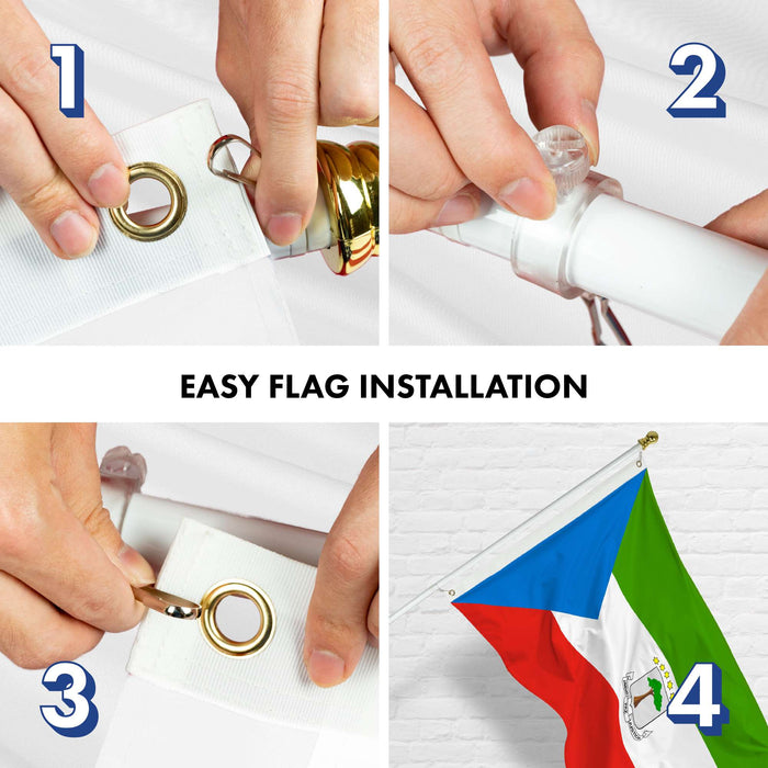 G128 Combo Pack: 6 Ft Twist Free Aluminum Spinning Flagpole (White) & Equatorial Guinea Flag | 3x5 Ft | LiteWeave Pro Series Printed 150D Polyester | Pole with Flag Included