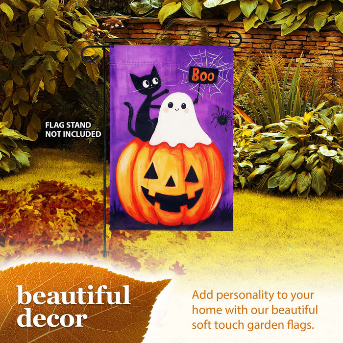 G128 Halloween Ghost Cat Pumpkin Garden Flag 12x18 In Double Sided Halloween Yard Garden Lawn Decoration