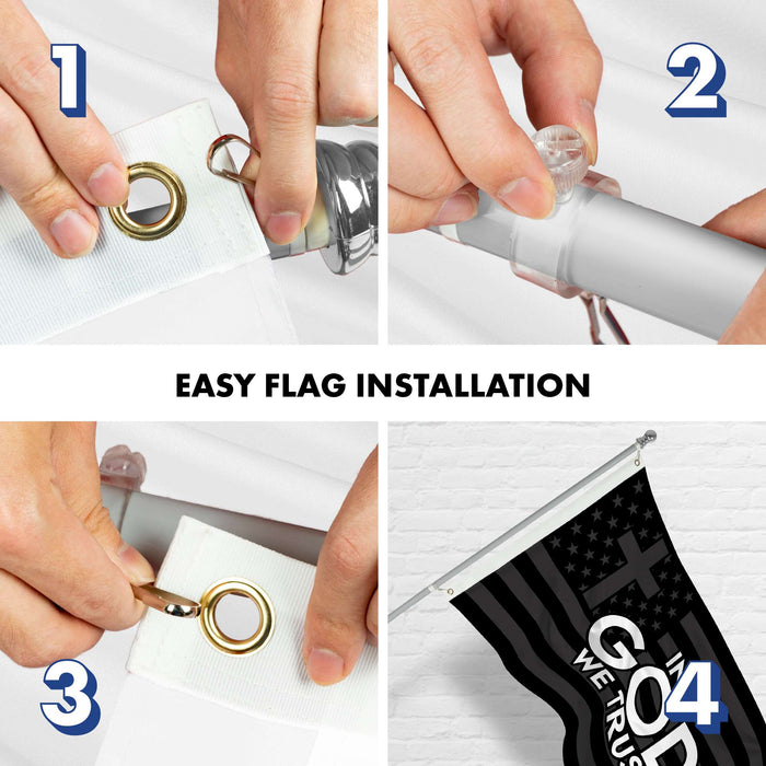 G128 Combo Pack: 6 Ft Tangle Free Aluminum Spinning Flagpole (Silver) & In God We Trust Patriotic Flag 3x5 Ft, LiteWeave Pro Series Printed 300D Polyester | Pole with Flag Included