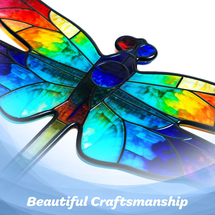 G128 dragonfly stained glass suncatcher window hanging ornament with metal frame, 12 inch nominal size
