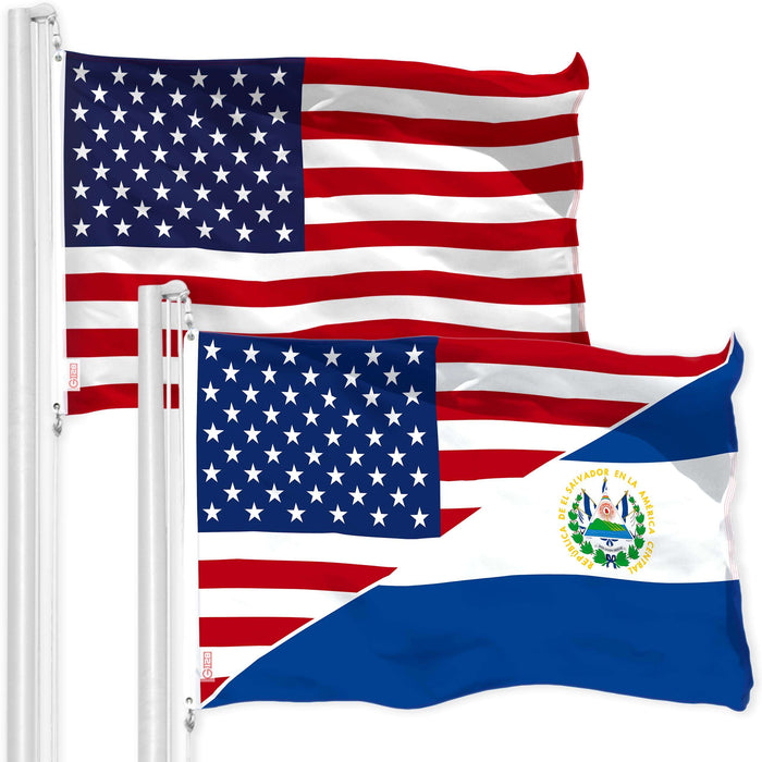 G128 Combo Pack: American USA Flag 3x5 Ft & El Salvador USA Friendship Flag 3x5 Ft | Both LiteWeave Pro Series Printed 150D Polyester, Brass Grommets