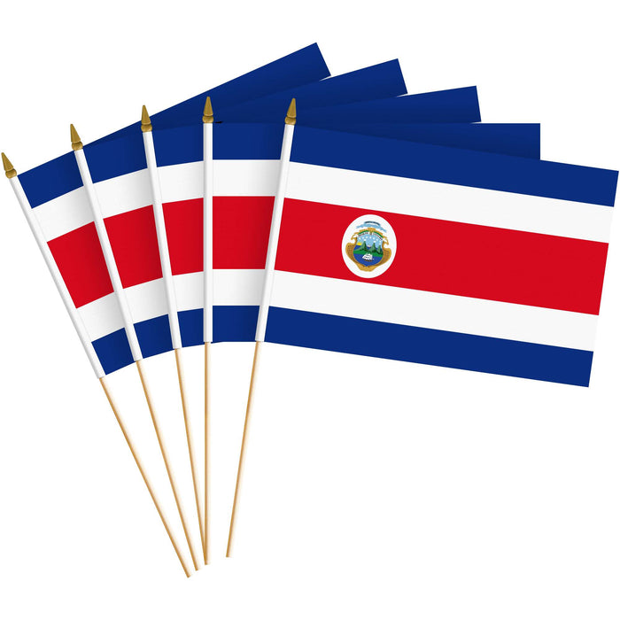 G128 10 Pack Handheld Costa Rica Costa Rican Stick Flags | 8x12 In | Printed 150D Polyester, Country Flag, Solid Plastic Stick, Spear White Tip