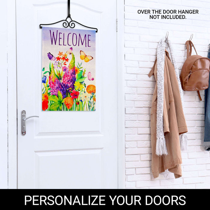 G128 Combo Pack Garden Flag Hanger 14IN & Garden Flag Spring Floral Butterfly Welcome Printed 12x18IN Double Sided Yard Garden Lawn Decoration
