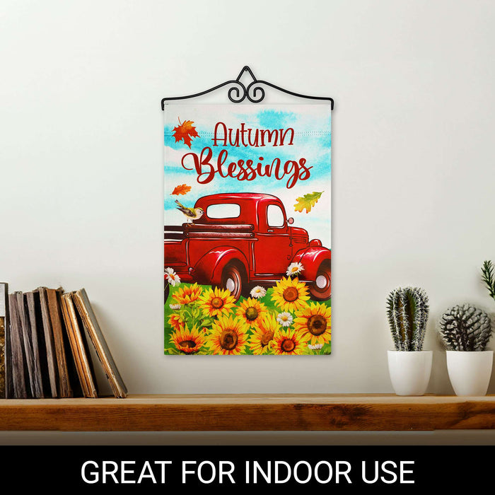 G128 12x18IN Autumn Blessings Red Truck Sunflower Garden Flag with 14IN Hanger