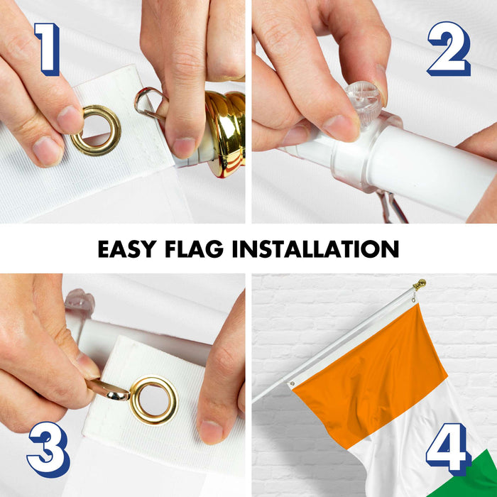 G128 Combo Pack: 6 Ft Twist Free Aluminum Spinning Flagpole (White) & Ivory Coast Flag | 3x5 Ft | LiteWeave Pro Series Printed 150D Polyester | Pole with Flag Included