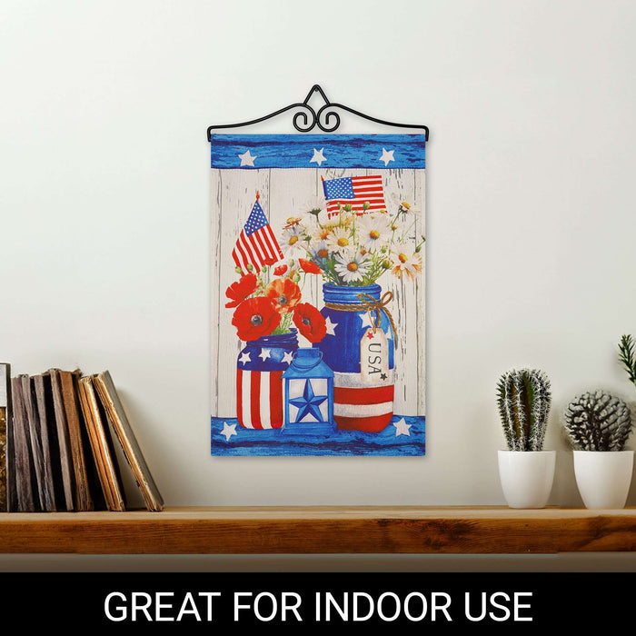G128 Combo Pack Garden Flag Hanger 14IN & Garden Flag Rustic Mason Jar Patriotic Flowers Printed 12x18IN Double Sided Yard Garden Lawn Decoration