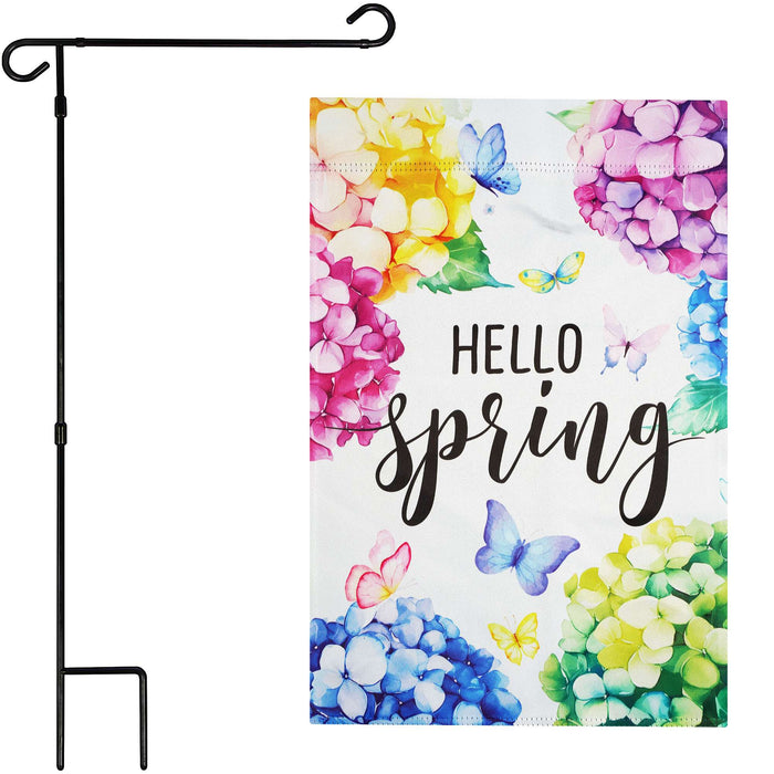 G128 36x16IN Garden Flag Stand & 12x18 Hello Spring Hydrangea Flag Kit