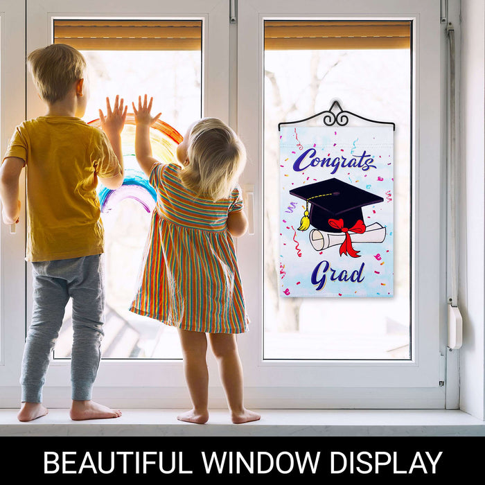 G128 Combo Pack Garden Flag Hanger 14IN & Garden Flag Happy Graduation Congrats Cap Printed 12x18IN Double Sided