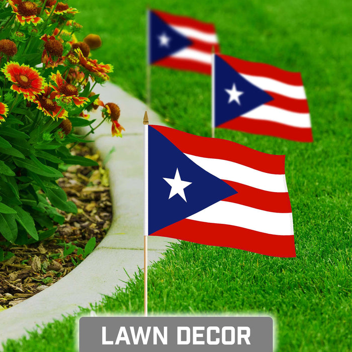 G128 30 Pack Handheld Puerto Rico Puerto Rican Stick Flags | 8x12 In | Printed 150D Polyester, Country Flag, Solid Wooden Stick, Spear Gold Tip