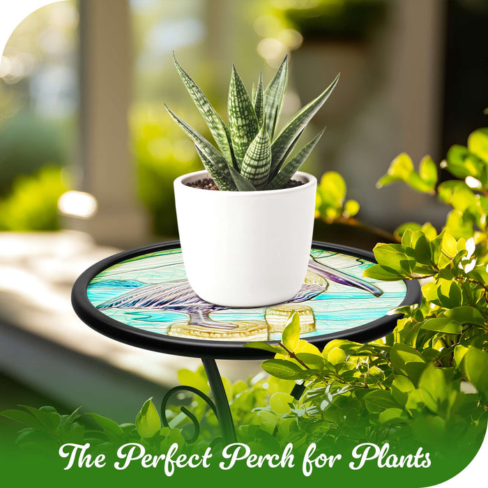 G128 12 in Round Glass Outdoor Side Table Pelican Pattern | Decorative Plant Stand, Small End Table for Garden Patio Porch Living Room