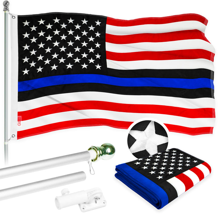 G128 - 5 Feet Tangle Free Spinning Flagpole (Silver) Blue Lives Matter Flag Brass Grommets Embroidered 2.5x4 ft (Flag Included) Aluminum Flag Pole