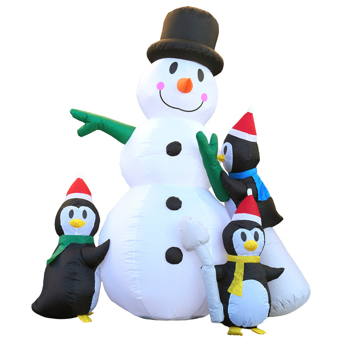 G128 8 ft H Snowman with Three Penguins Christmas Inflatable Decor with LED Lights, Christmas Outdoor Holiday Yard Decoration, Fast Inflate, Weather-Resistant, Outdoor Use
