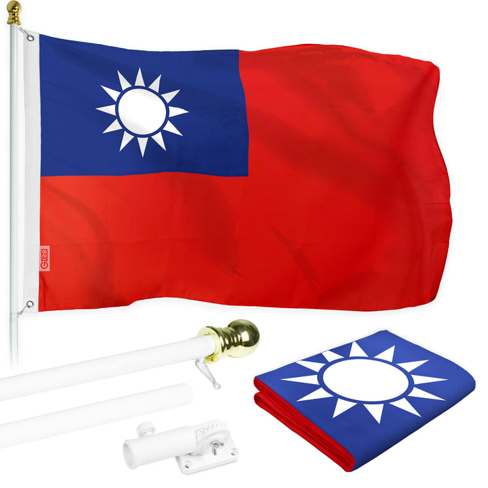 G128 Combo Pack: 5 Ft Twist Free Aluminum Spinning Flagpole (White) & Taiwan Taiwanese Flag | 2x3 Ft | LiteWeave Series Printed 100D Polyester | Pole with Flag Included