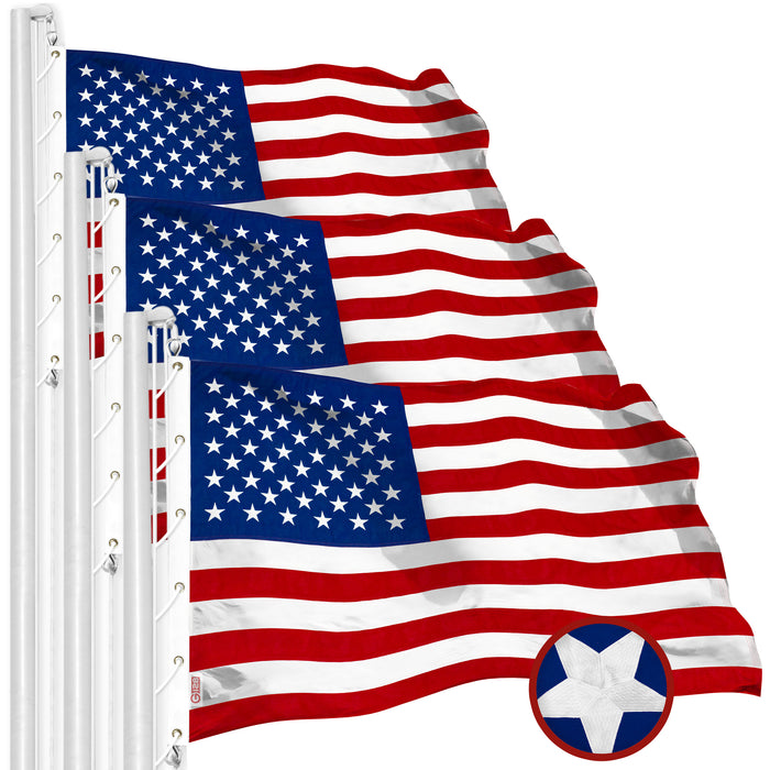 G128 3 Pack: 15x25 Ft American USA Flag Deluxe TearProof Series, Featuring Super Tough Spun Polyester, Embroidered Stars,  For Outside High Winds