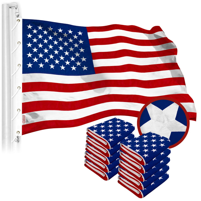 G128 10 Pack: American USA Flag | 20x30 Ft | Embroidered Spun Deluxe Polyester | Embroidered Stars, Sewn Stripes, Indoor/Outdoor, Brass Grommets