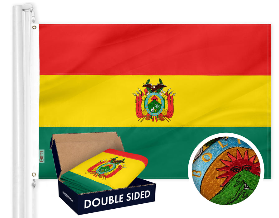 G128 Bolivia (Bolivian) Flag | 3x5 feet | Double Sided Embroidered 210D Indoor/Outdoor, Brass Grommets, Heavy Duty Polyester