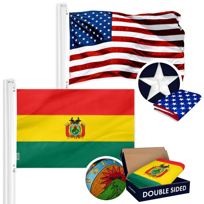 G128 Combo Pack: USA American Flag 3x5 Ft Embroidered Stars & Bolivia (Bolivian) Flag 3x5 Ft Double-sided Embroidered 210D