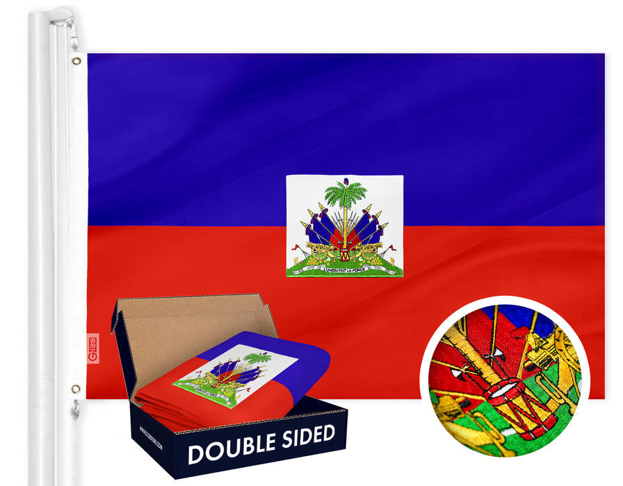 G128 Haiti (Haitian) Flag | 3x5 feet | Double Sided Embroidered 210D Indoor/Outdoor, Brass Grommets, Heavy Duty Polyester