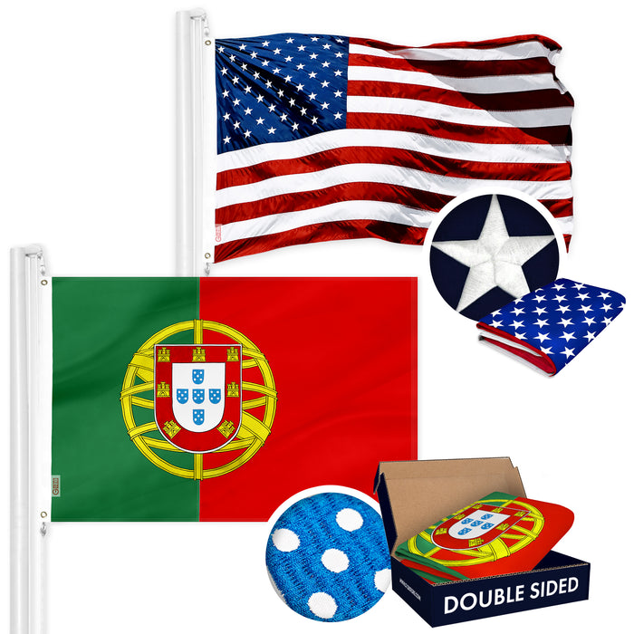 G128 Combo Pack: USA American Flag 3x5 Ft Embroidered Stars & Portugal (Portuguese) Flag 3x5 Ft Double-sided Embroidered 210D