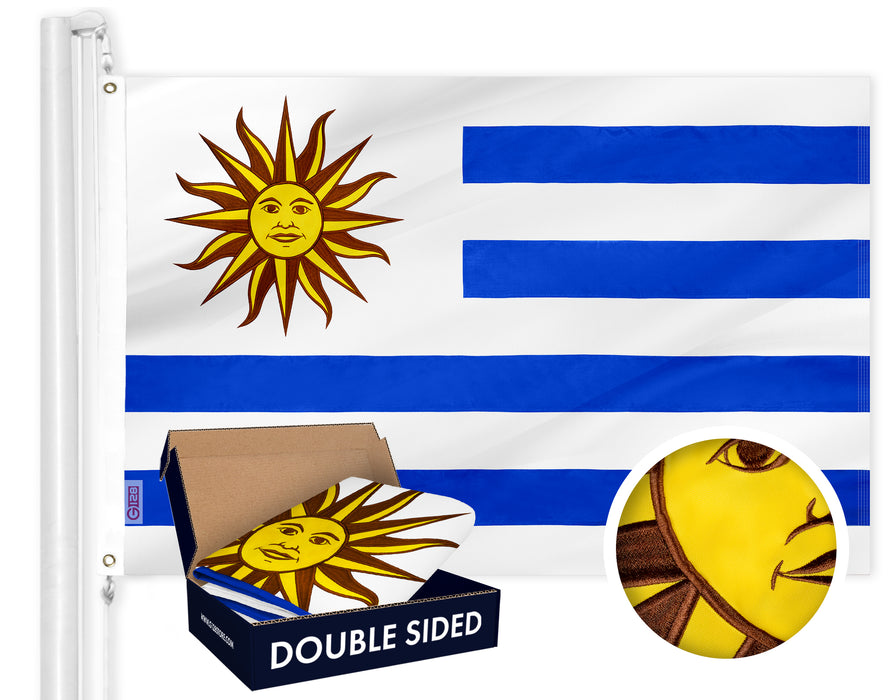 G128 Uruguay (Uruguayan) Flag | 3x5 feet | Double Sided Embroidered 210D Indoor/Outdoor, Brass Grommets, Heavy Duty Polyester