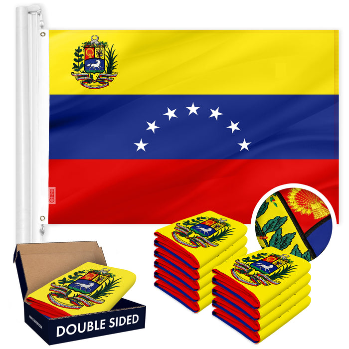 G128 10 Pack: Venezuela 7 Stars Venezuelan Flag | 3x5 Ft | Double ToughWeave Series Double Sided Embroidered 210D Polyester | Country Flag, Embroidered Design, Brass Grommets, Heavy Duty, 2-ply